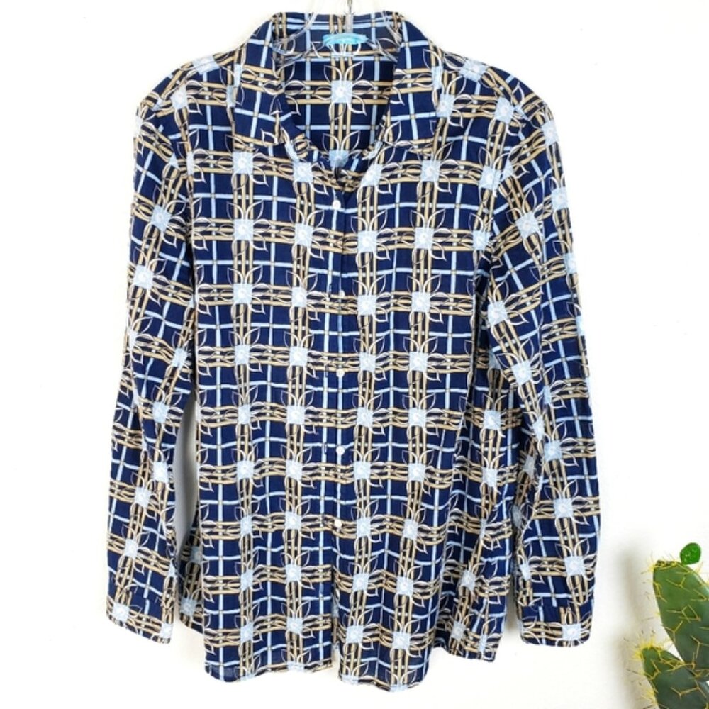 J. McLaughlin Printed Cotton Button Front Shirt Blouse size M Floral Plaid